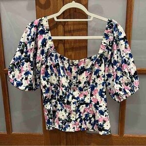Floral Puff-Sleeve Button-Front Top in White, Pink & Blue